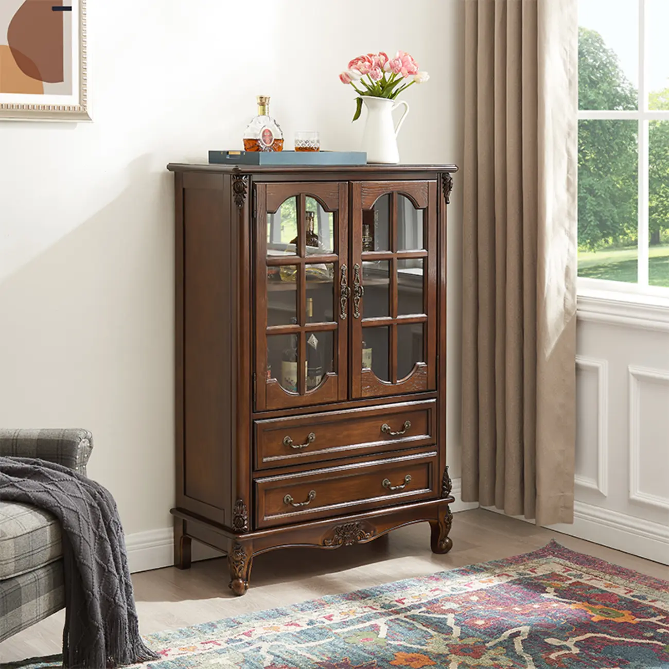 Traditional 34" Wood Wine Bar Cabinet with Drawers Image - 4 | homeyfad