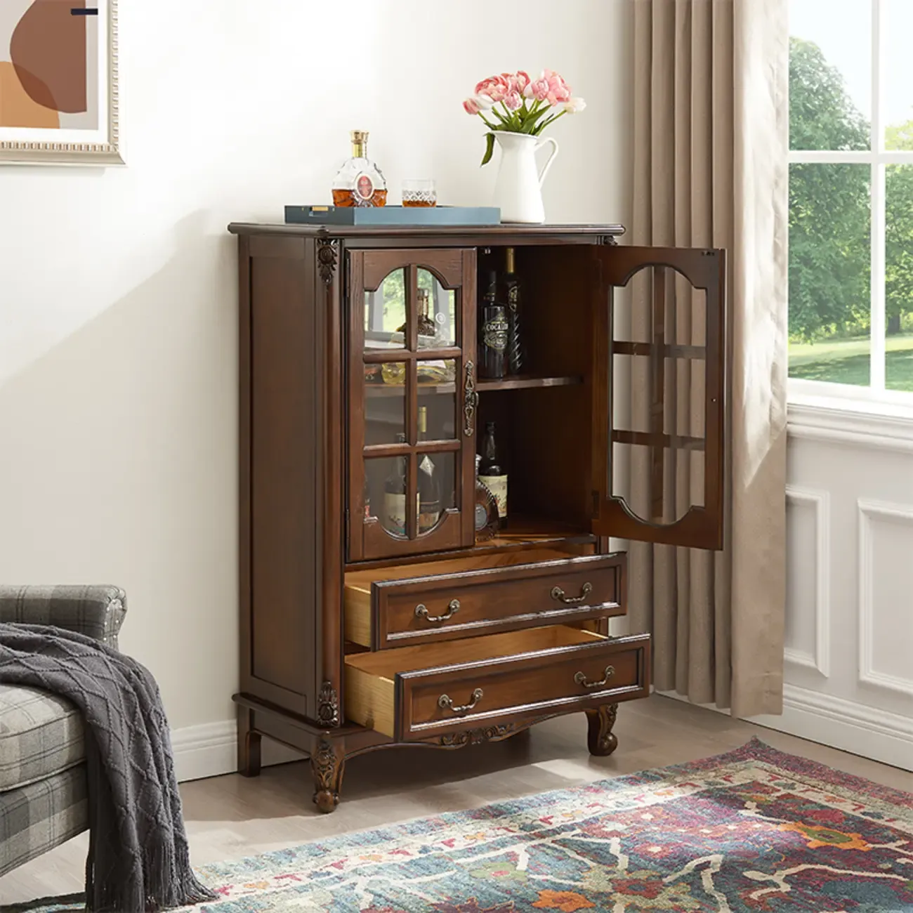 Traditional 34" Wood Wine Bar Cabinet with Drawers Image - 6