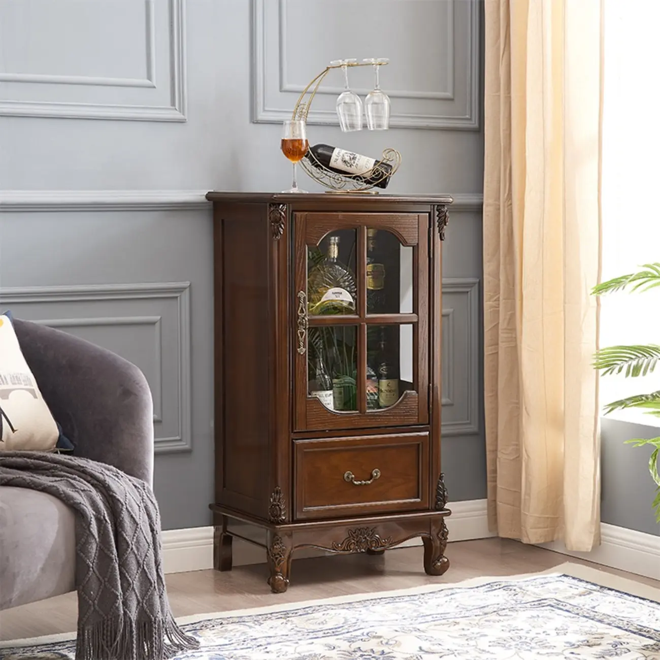 Traditional 34" Wood Wine Bar Cabinet with Drawers Image - 8 | homeyfad