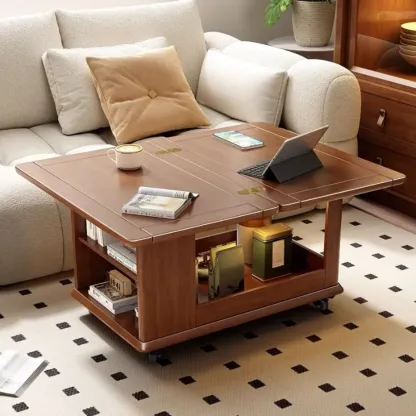 Rolling Open Storage Wooden Side Table Folding Top Image - 2