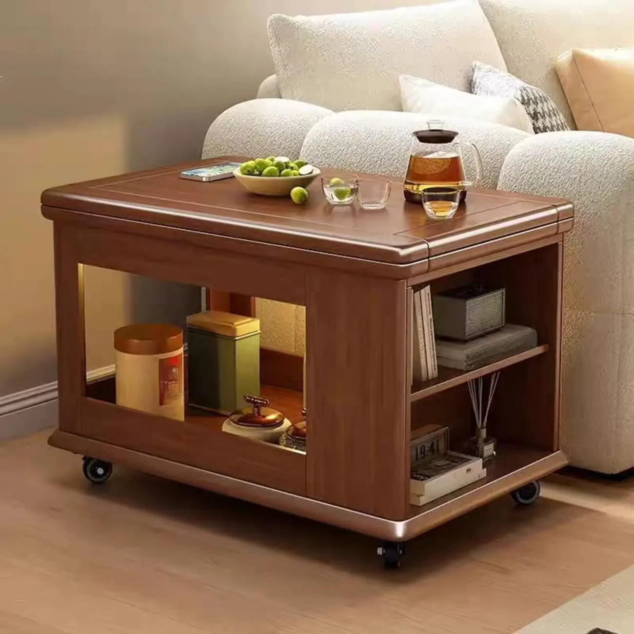 Rolling Open Storage Wooden Side Table Folding Top Image - 1 | homeyfad