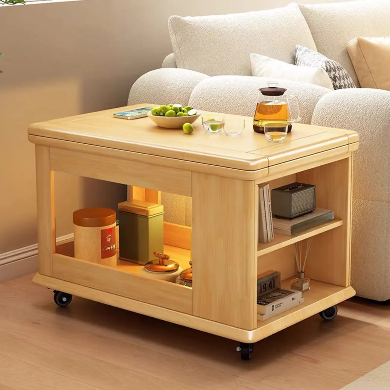 Rolling Open Storage Wooden Side Table Folding Top Image - 3 | homeyfad
