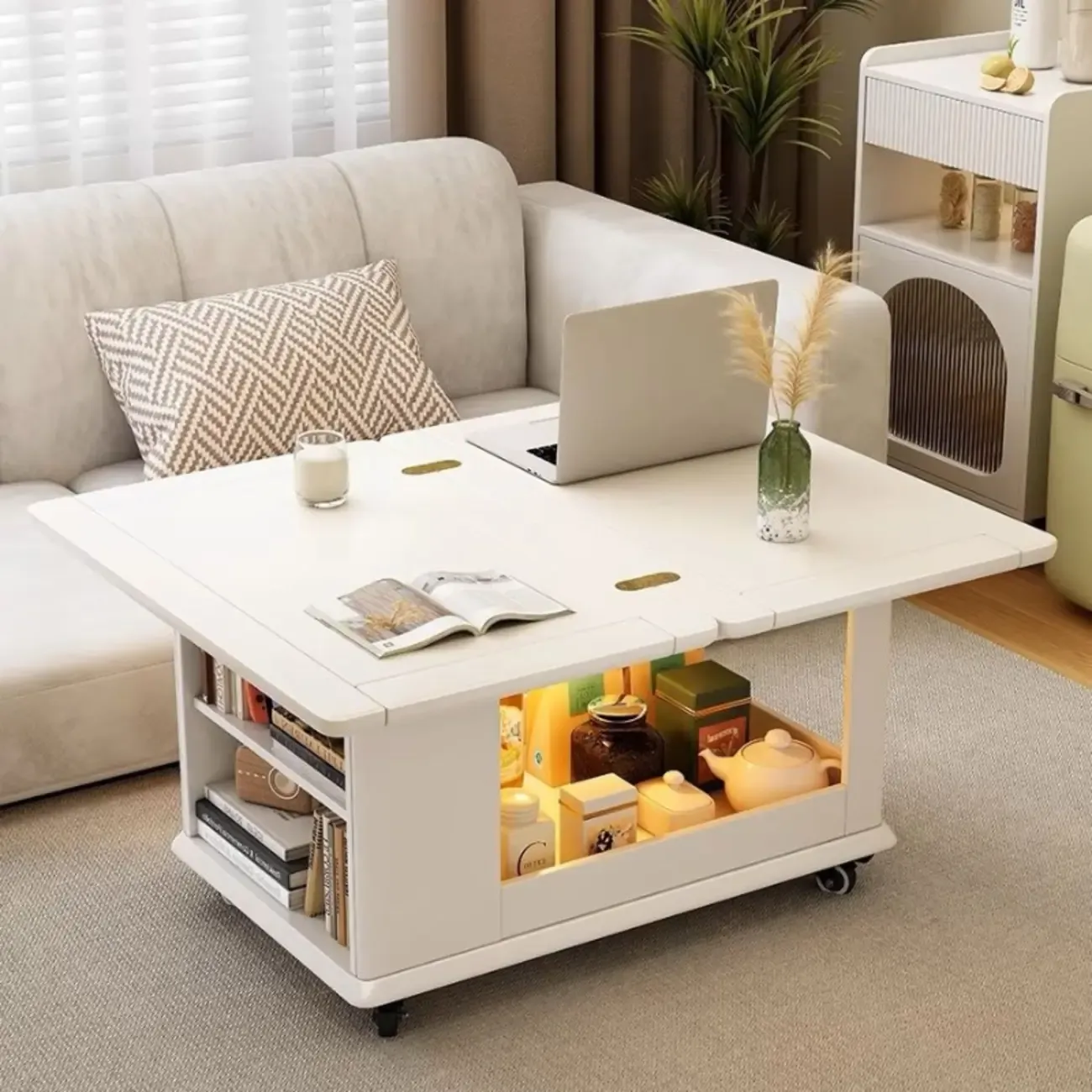 Rolling Open Storage Wooden Side Table Folding Top Image - 4