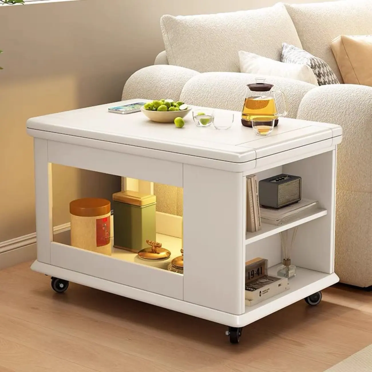 Rolling Open Storage Wooden Side Table Folding Top Image - 5 | homeyfad