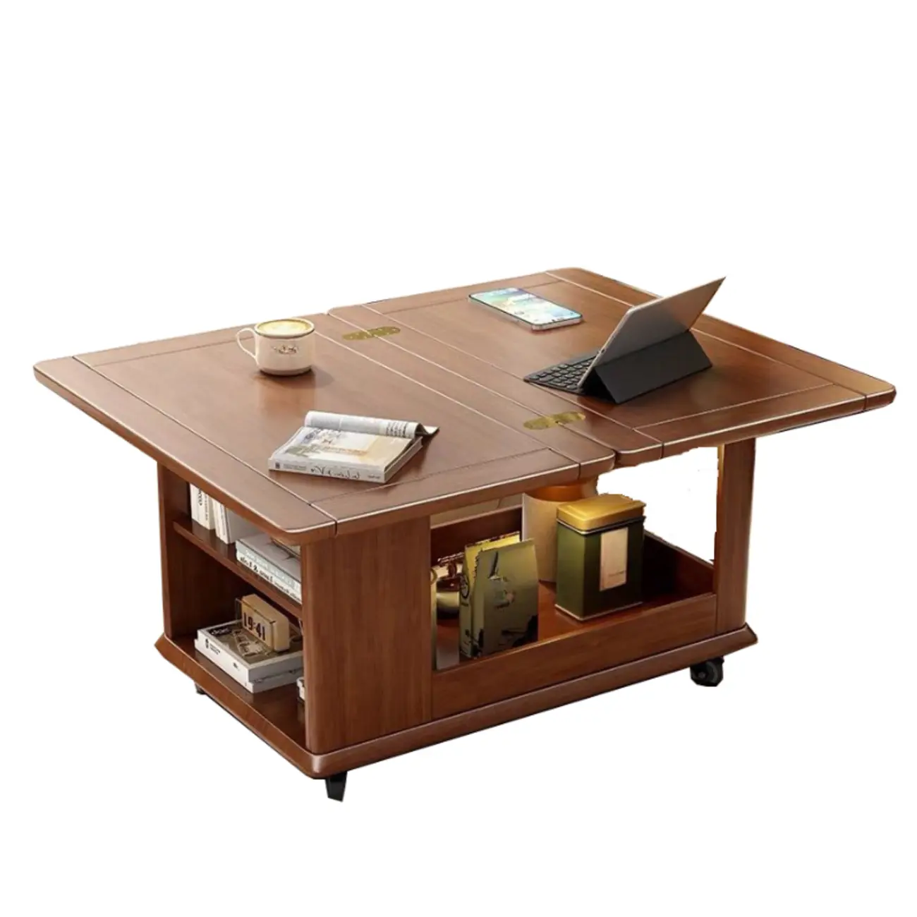 Rolling Open Storage Wooden Side Table Folding Top Image - 6 | homeyfad