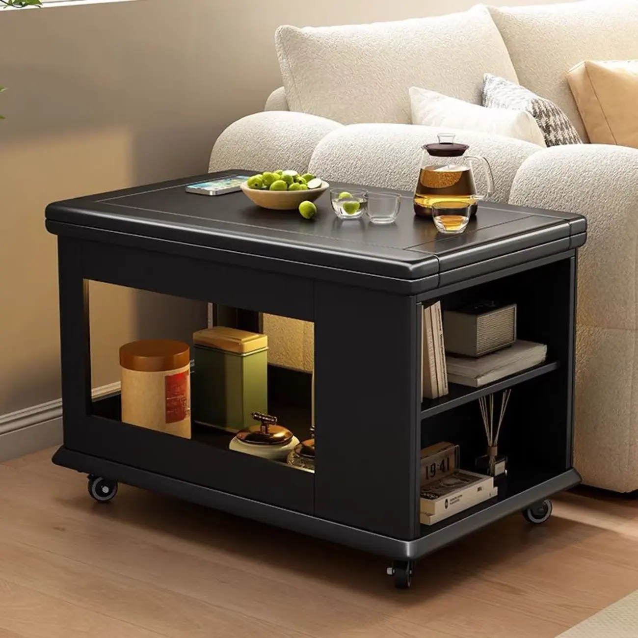 Rolling Open Storage Wooden Side Table Folding Top Image - 7 | homeyfad