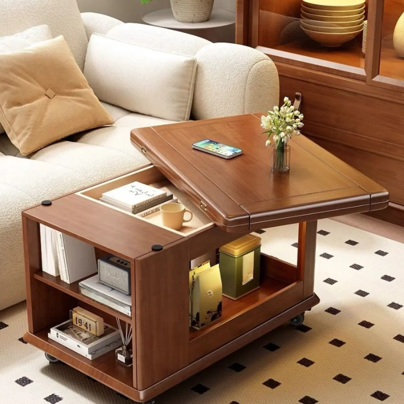 Rolling Open Storage Wooden Side Table Folding Top Image - 8 | homeyfad