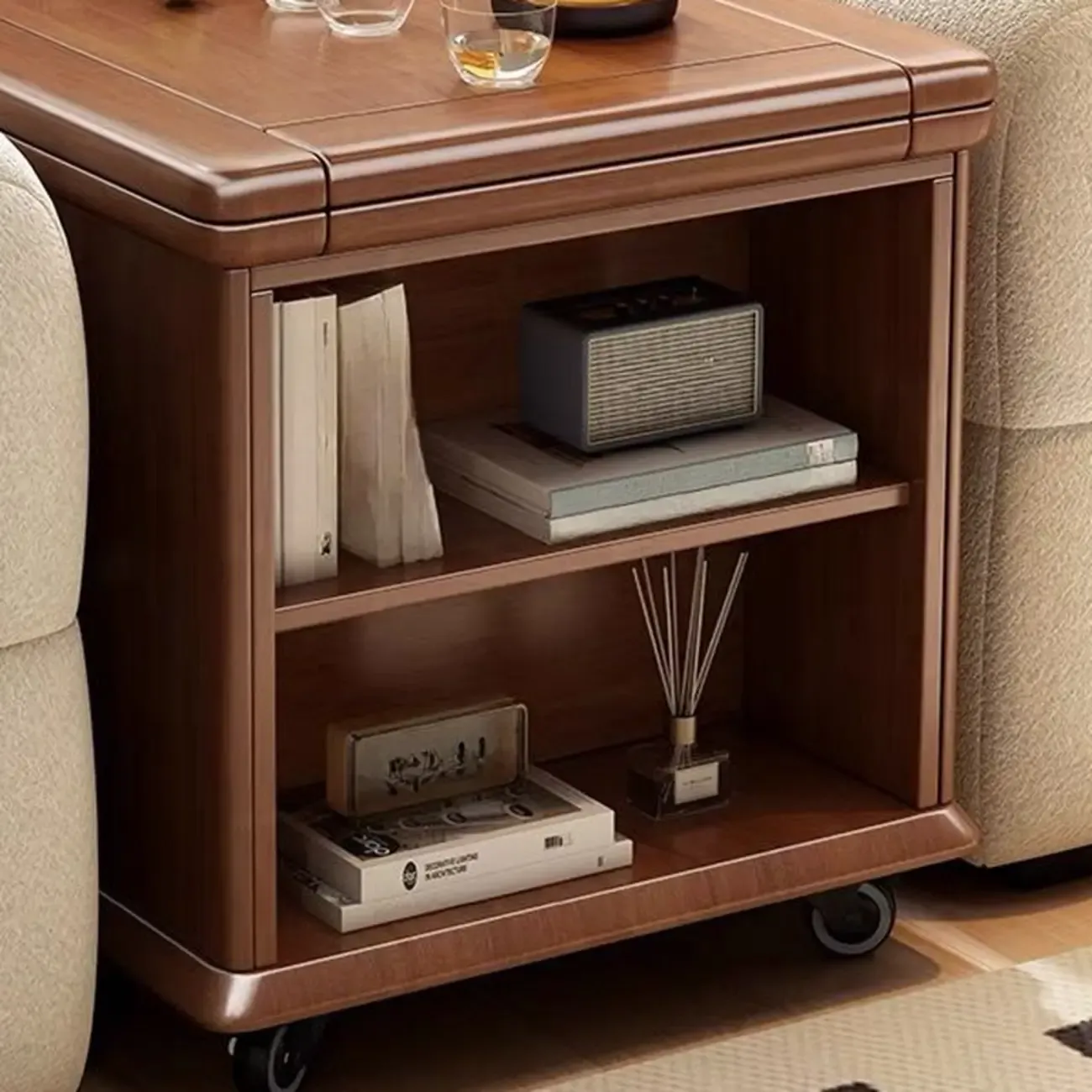 Rolling Open Storage Wooden Side Table Folding Top Image - 10