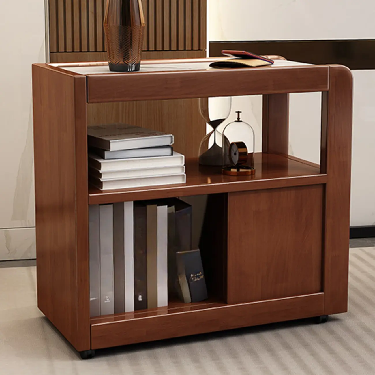 Narrow Sintered Stone Top Wheeled Side Table with Drawers Image - 2 | homeyfad