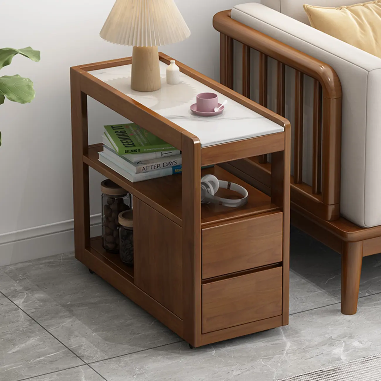 Narrow Sintered Stone Top Wheeled Side Table with Drawers Image - 1 | homeyfad
