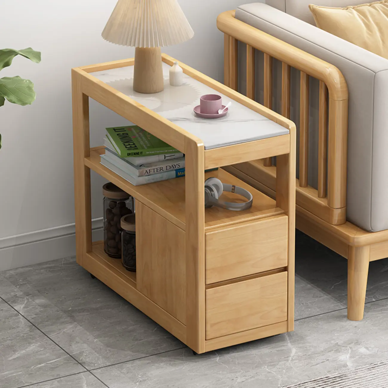 Narrow Sintered Stone Top Wheeled Side Table with Drawers Image - 3 | homeyfad