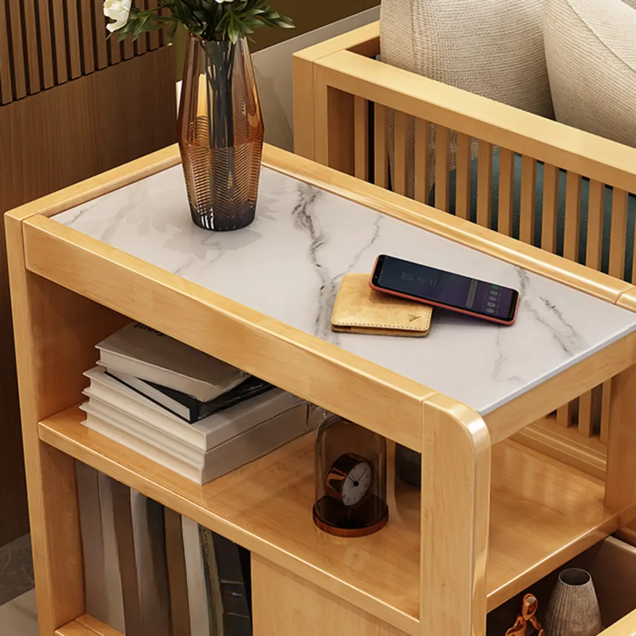 Narrow Sintered Stone Top Wheeled Side Table with Drawers Image - 4