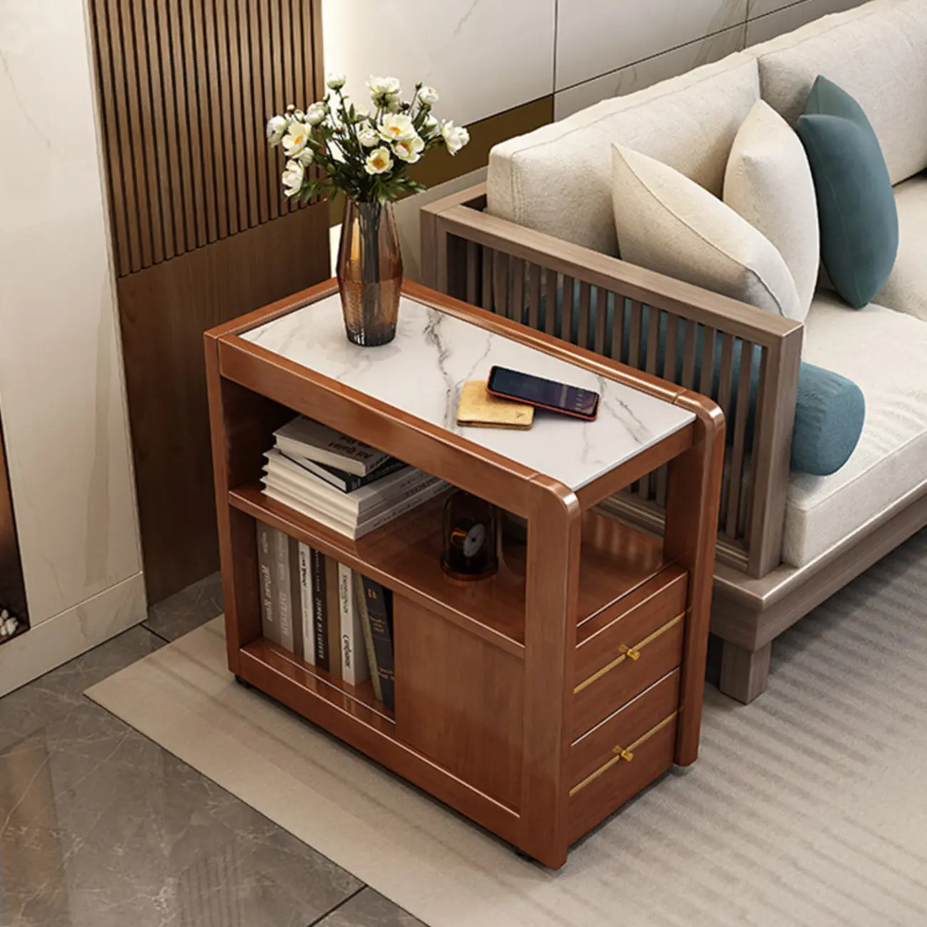 Narrow Sintered Stone Top Wheeled Side Table with Drawers Image - 5 | homeyfad