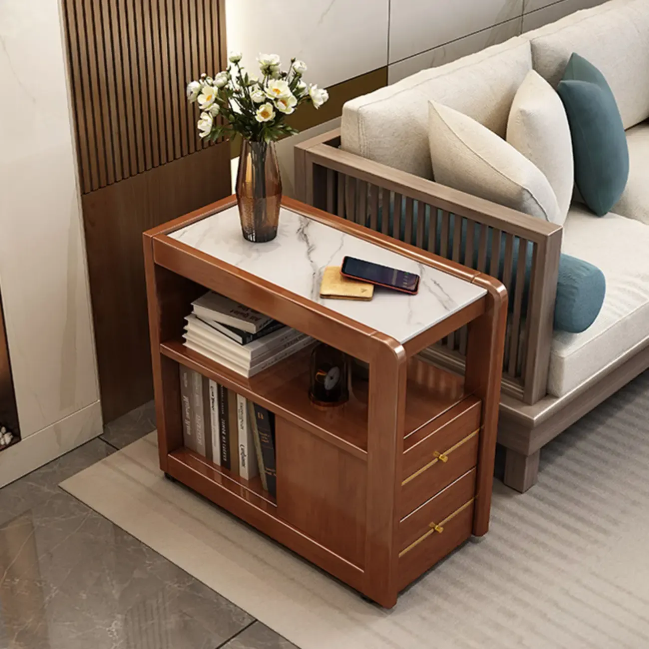 Narrow Sintered Stone Top Wheeled Side Table with Drawers Image - 5