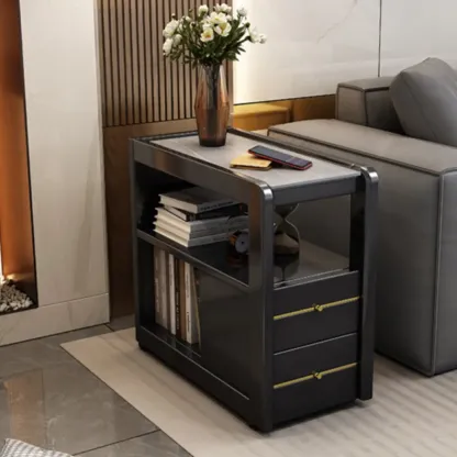 Narrow Sintered Stone Top Wheeled Side Table with Drawers Image - 7