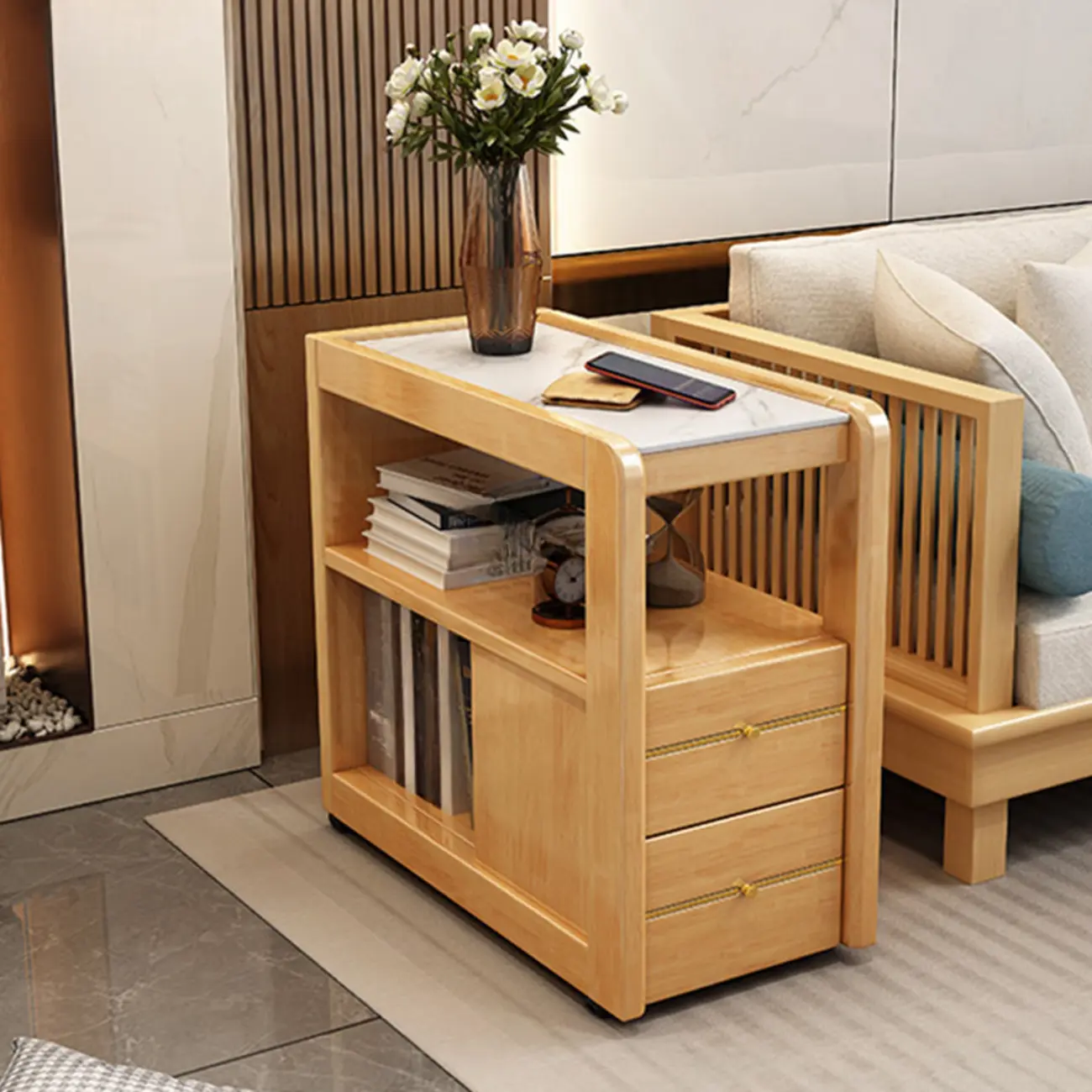 Narrow Sintered Stone Top Wheeled Side Table with Drawers Image - 9 | homeyfad