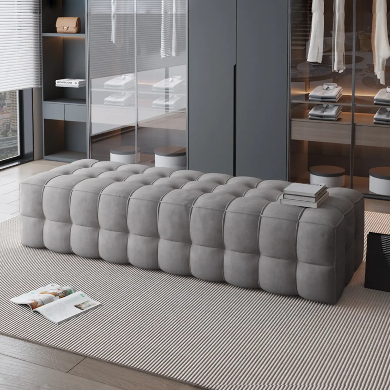 Contemporary Soft Gray Long Upholstered Bedroom Bench Image - 3 | homeyfad