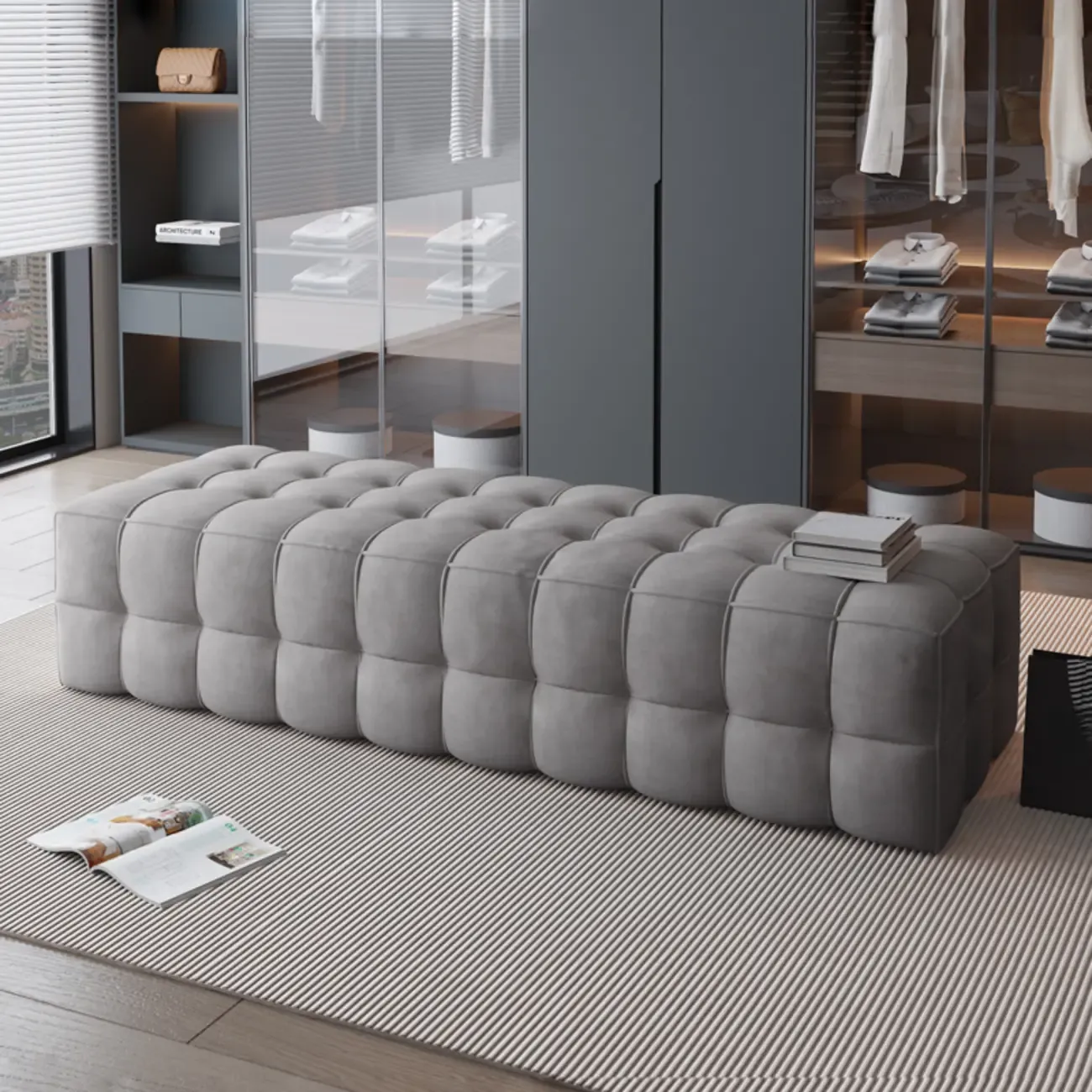 Contemporary Soft Gray Long Upholstered Bedroom Bench Image - 3