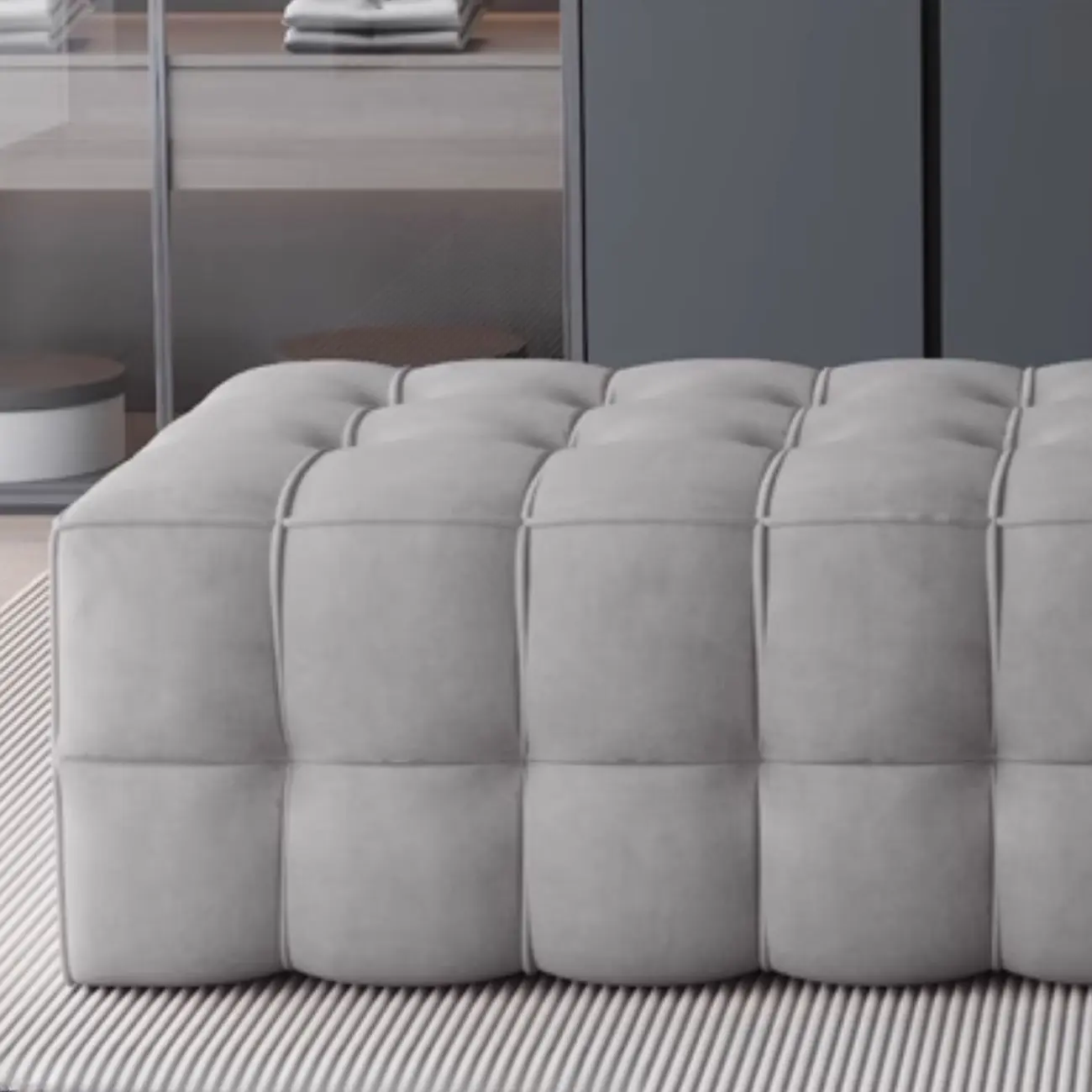 Contemporary Soft Gray Long Upholstered Bedroom Bench Image - 4 | homeyfad