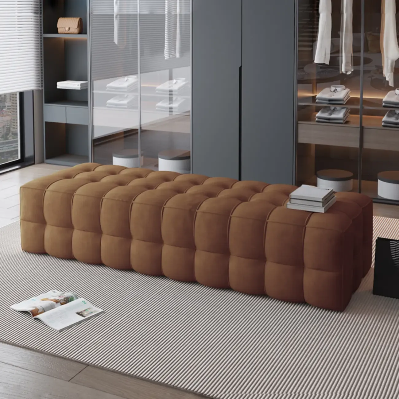 Contemporary Soft Gray Long Upholstered Bedroom Bench Image - 5