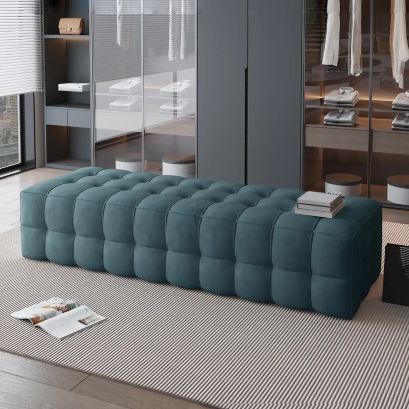 Contemporary Soft Gray Long Upholstered Bedroom Bench Image - 7