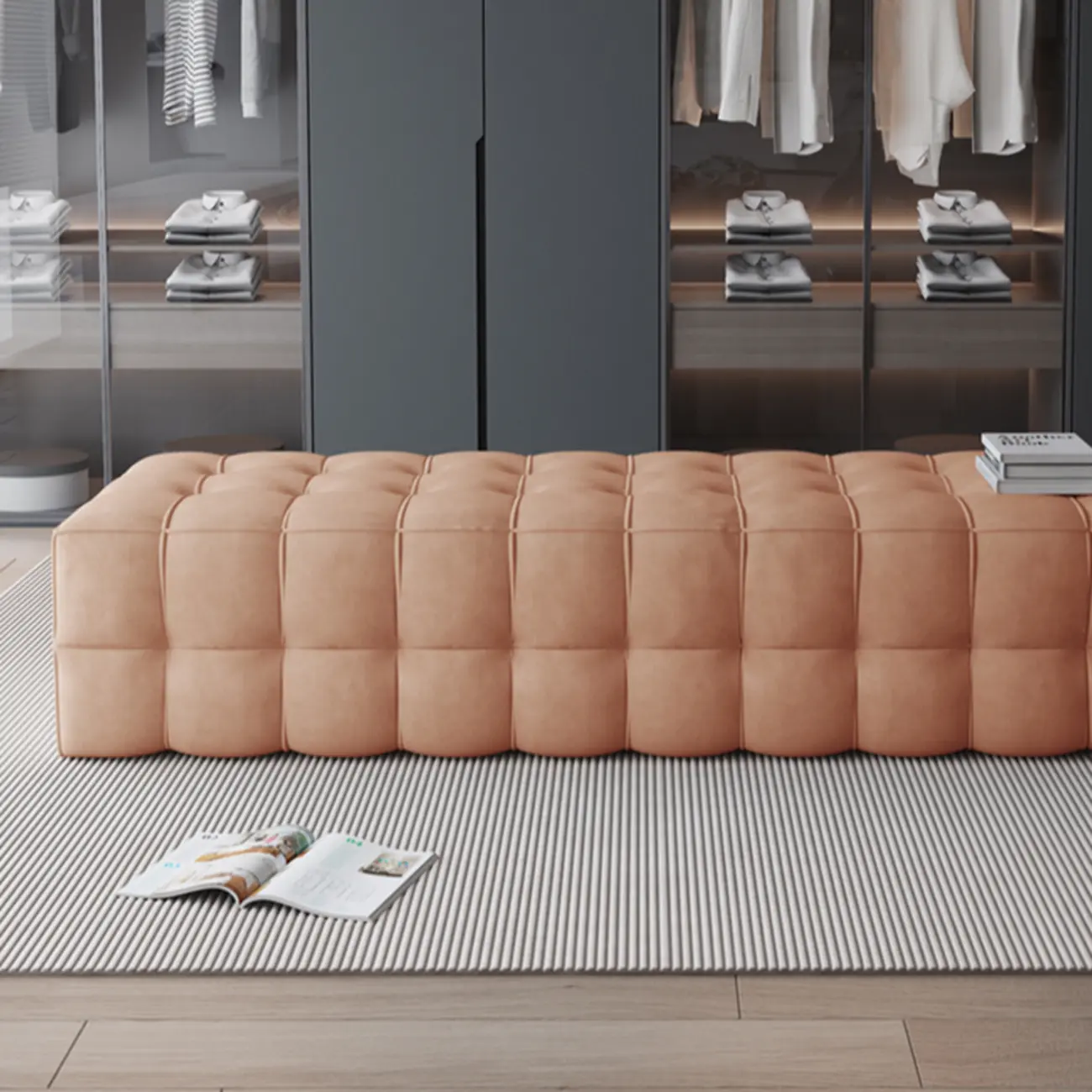 Contemporary Soft Gray Long Upholstered Bedroom Bench Image - 8 | homeyfad