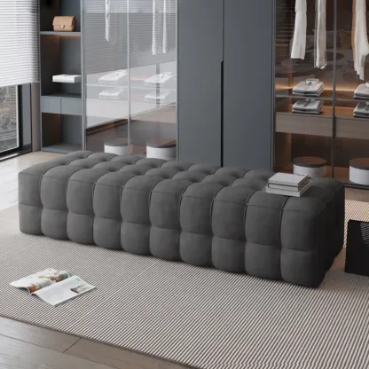 Contemporary Soft Gray Long Upholstered Bedroom Bench Image - 9