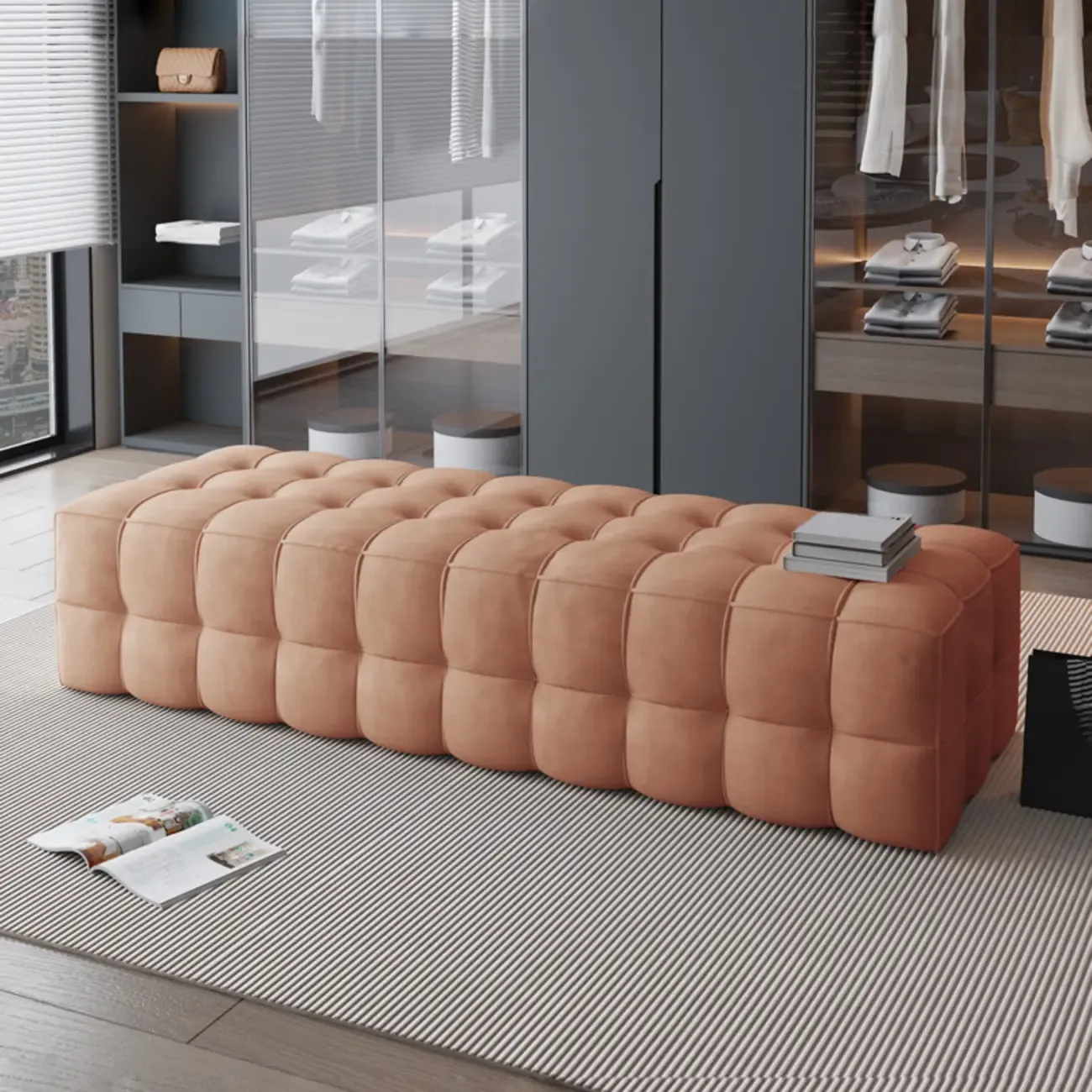 Contemporary Soft Gray Long Upholstered Bedroom Bench Image - 11