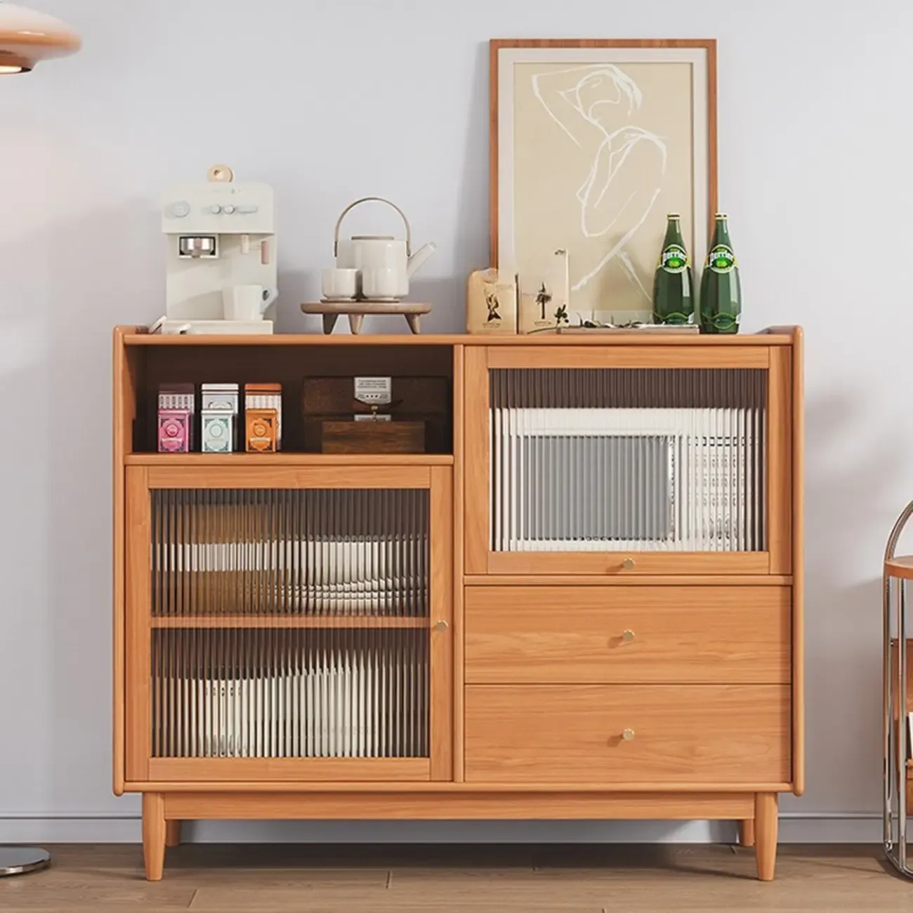 Modern Wood Sideboard with Glass Doors and Drawers Image - 1
