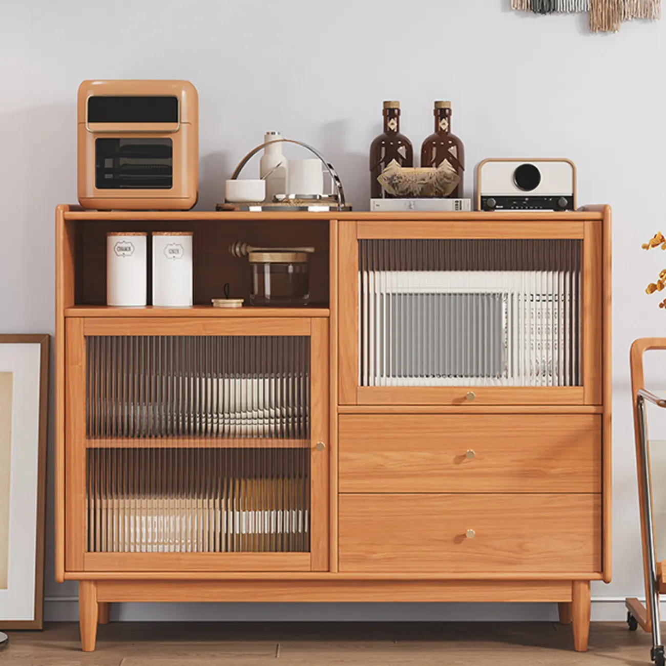 Modern Wood Sideboard with Glass Doors and Drawers Image - 2 | homeyfad
