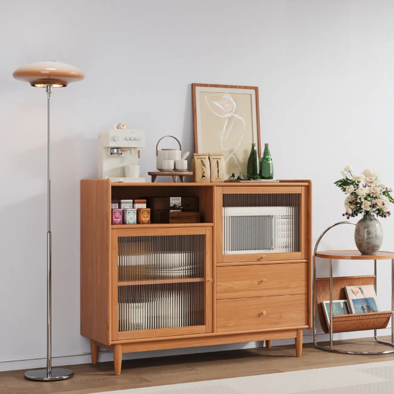 Modern Wood Sideboard with Glass Doors and Drawers Image - 3 | homeyfad