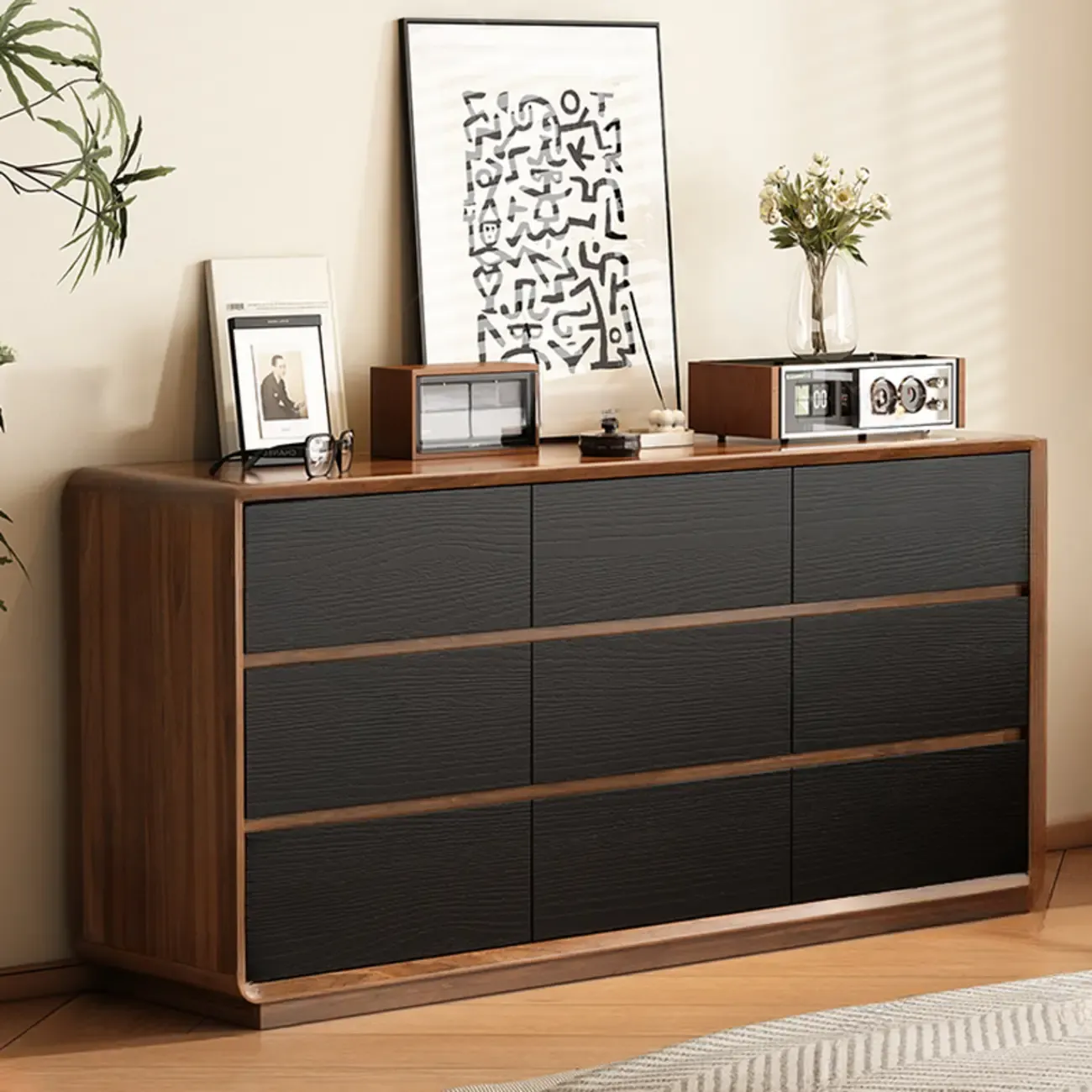 Minimalist Multi-drawer Black Wood Horizonal Dresser Image - 1