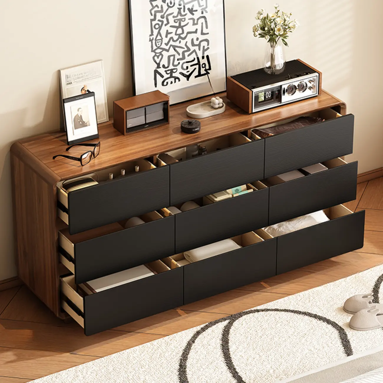 Minimalist Multi-drawer Black Wood Horizonal Dresser Image - 4 | homeyfad