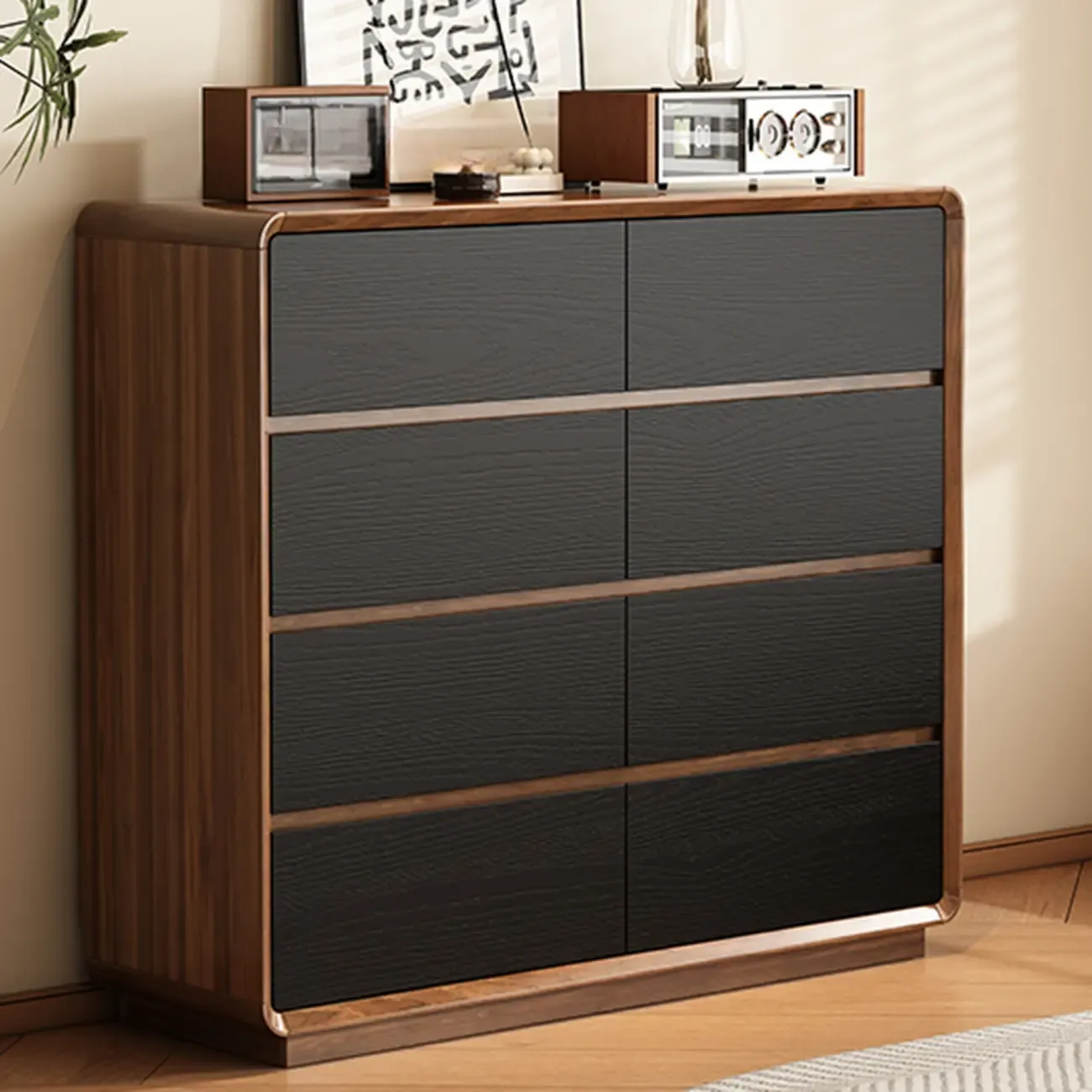 Minimalist Multi-drawer Black Wood Horizonal Dresser Image - 5
