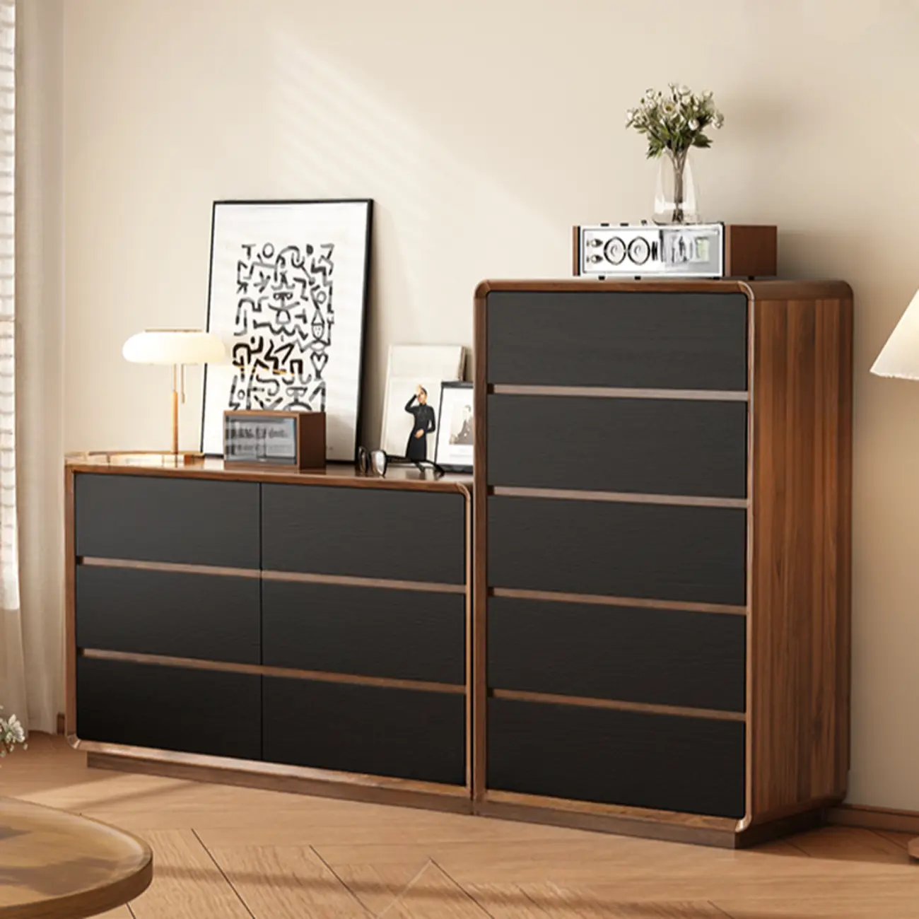 Minimalist Multi-drawer Black Wood Horizonal Dresser Image - 6 | homeyfad