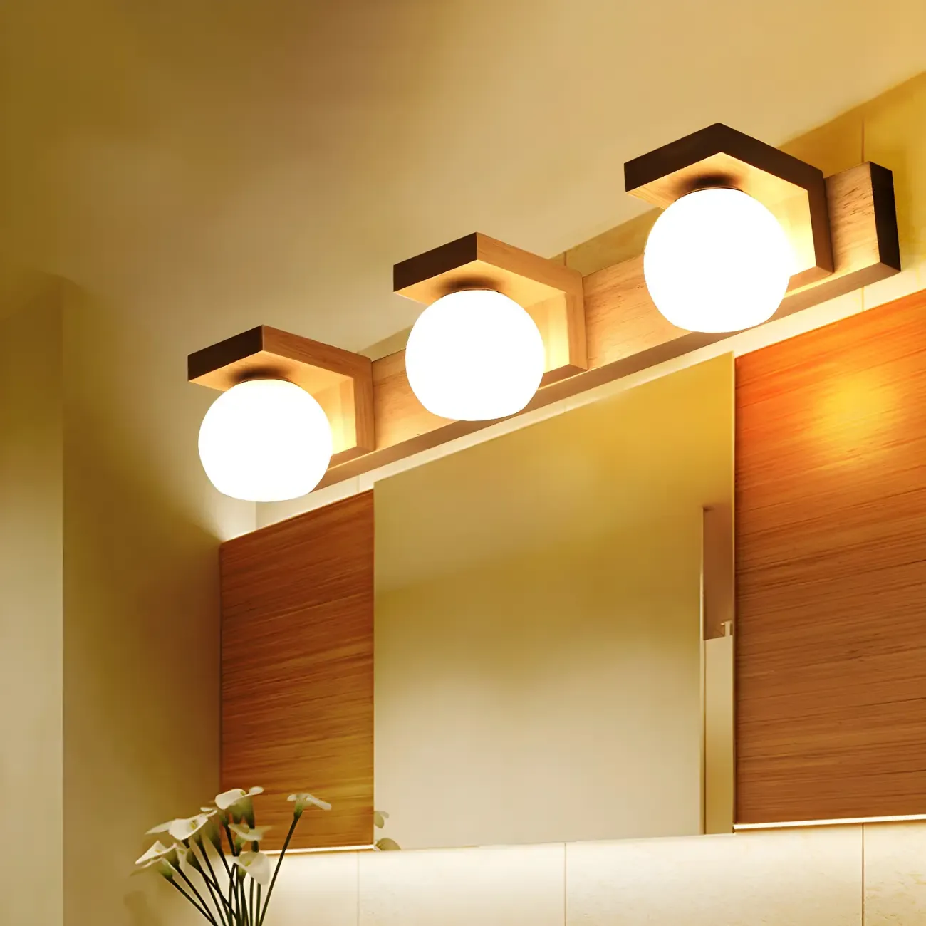 Modern Medium Wood Color LED Bathroom Vanity Light in 3 Lights Image - 1