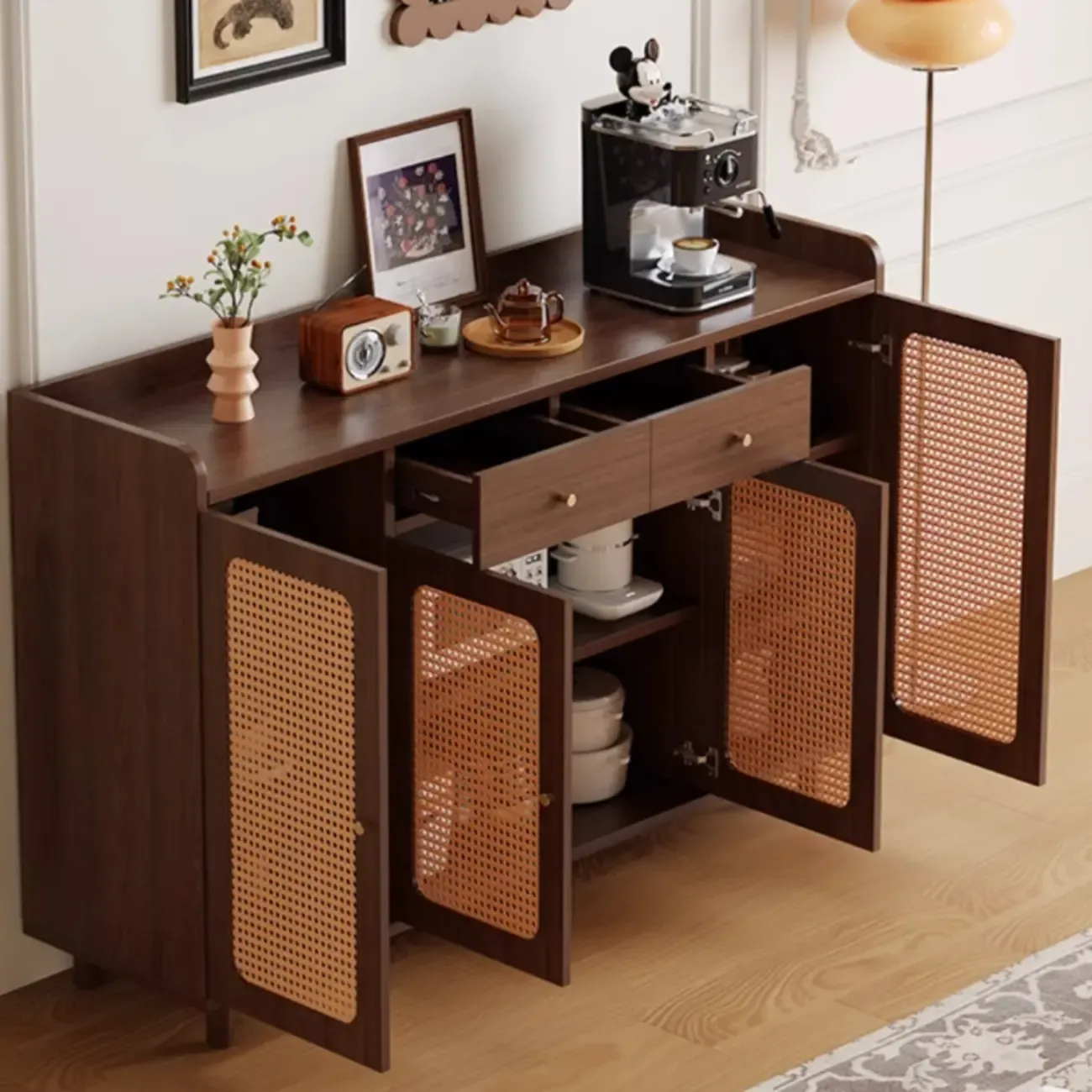 Modern Wood Sideboard with Woven Doors and Storage Image - 1