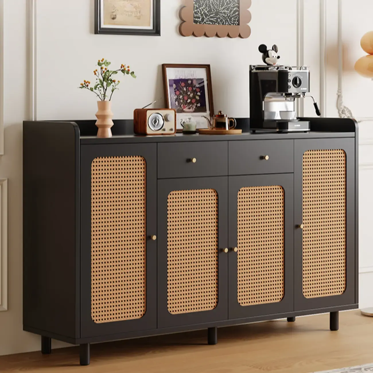 Modern Wood Sideboard with Woven Doors and Storage Image - 3