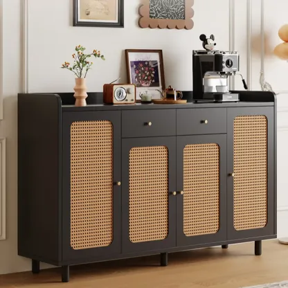 Modern Wood Sideboard with Woven Doors and Storage Image - 3