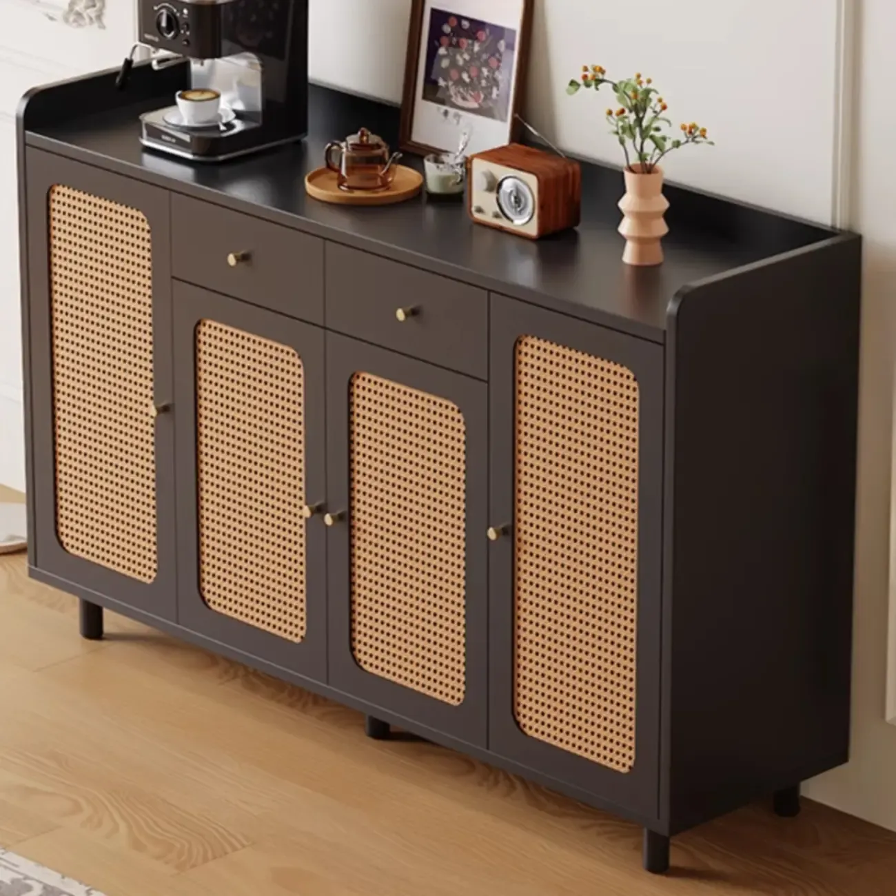 Modern Wood Sideboard with Woven Doors and Storage Image - 6