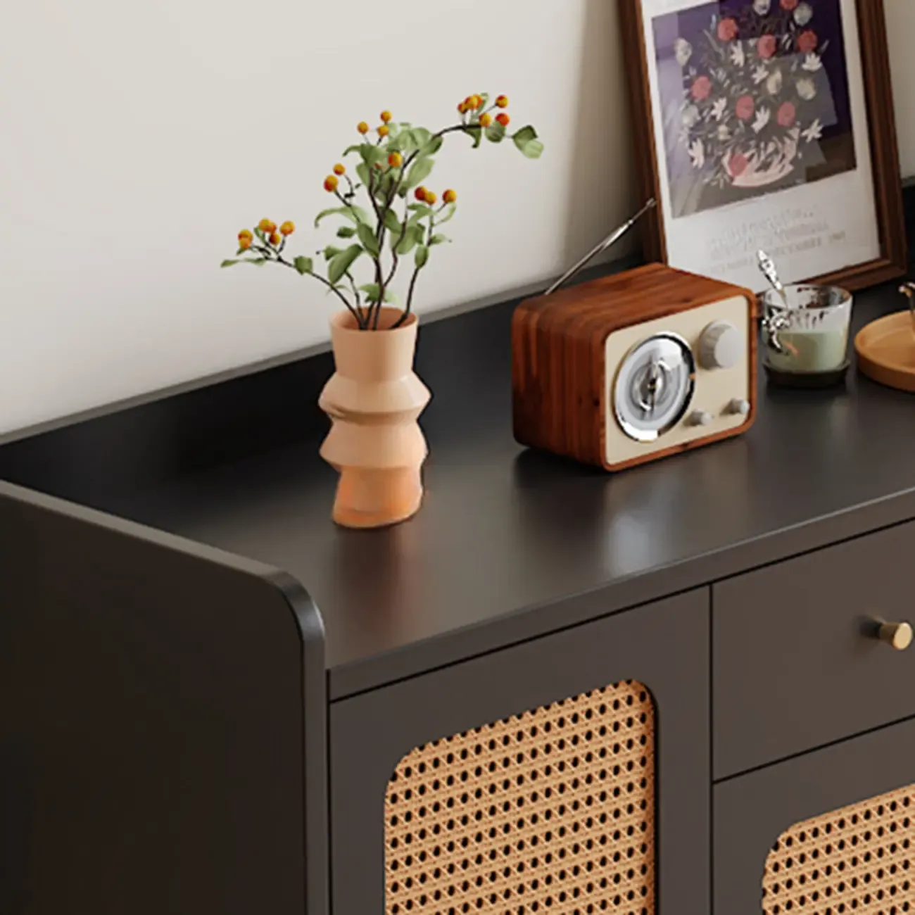 Modern Wood Sideboard with Woven Doors and Storage Image - 8