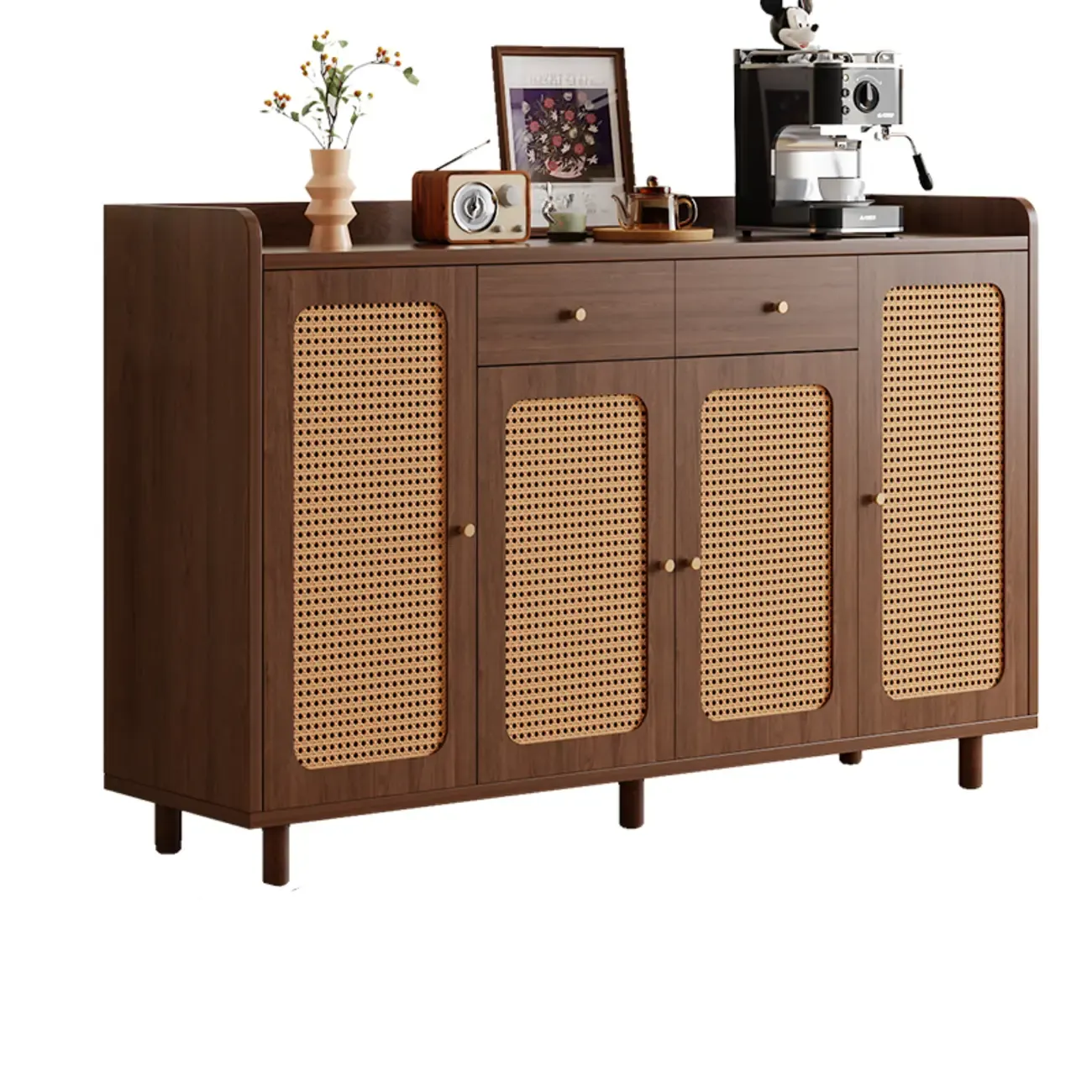 Modern Wood Sideboard with Woven Doors and Storage Image - 11
