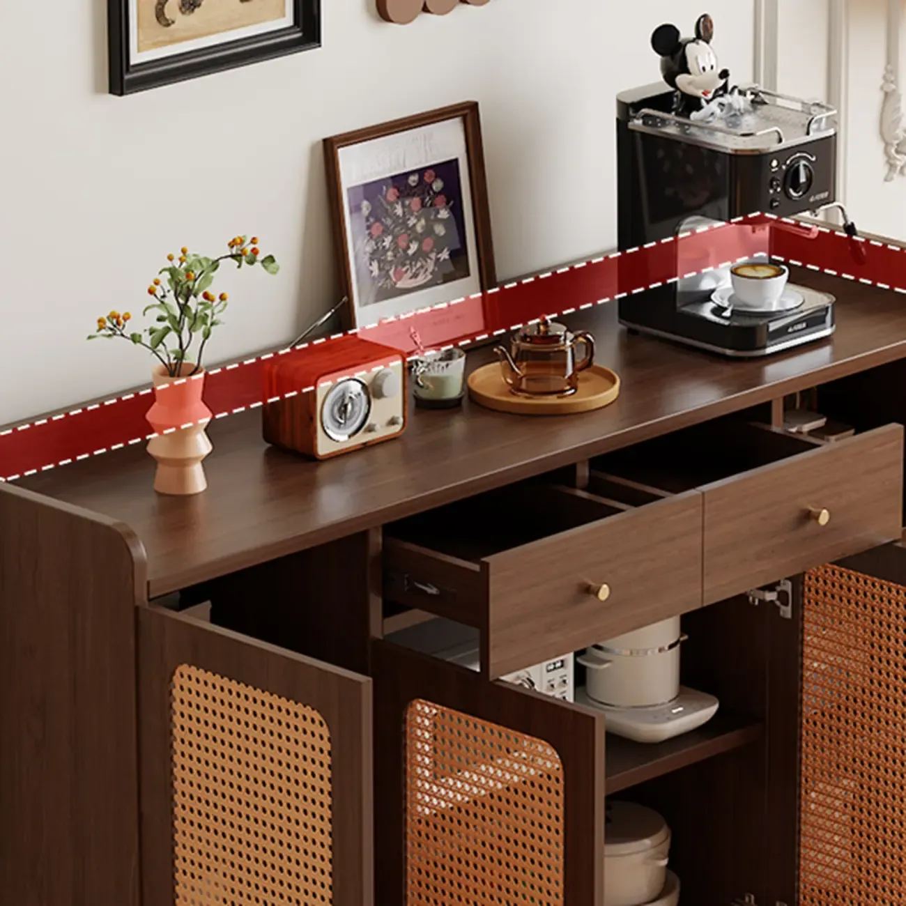 Modern Wood Sideboard with Woven Doors and Storage Image - 12