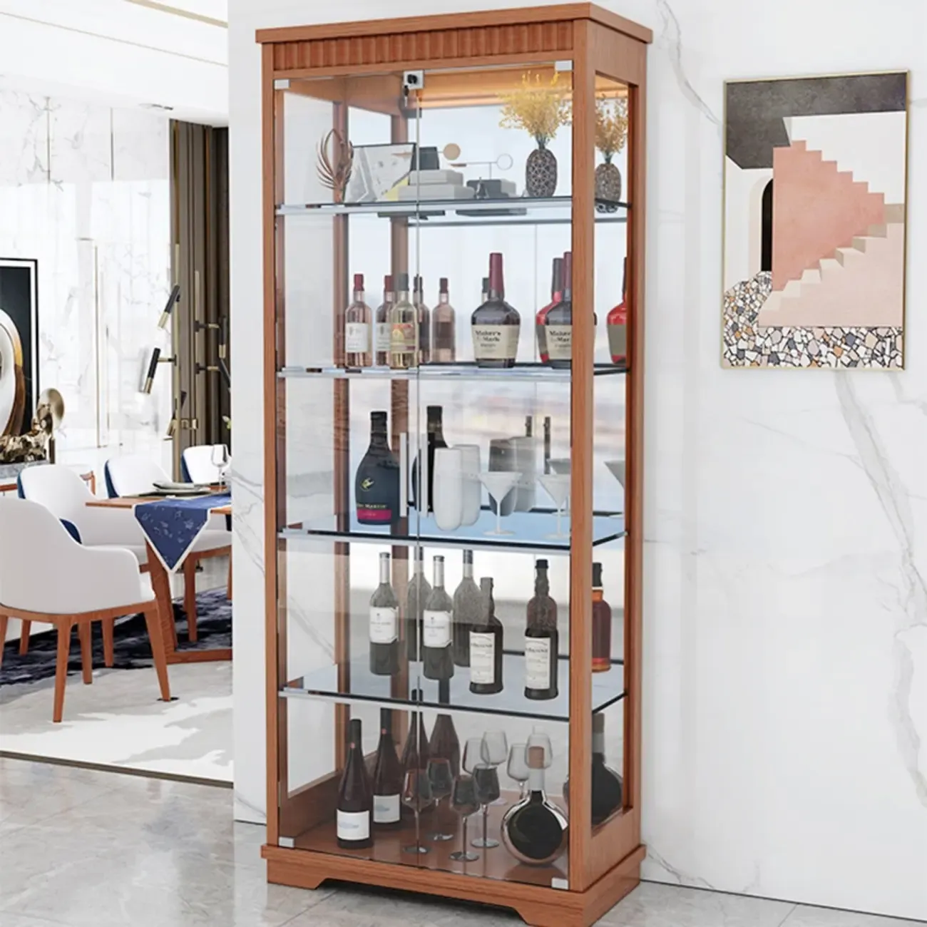 Modern Natural Wood Wine Rack with Glass Shelf Image - 1