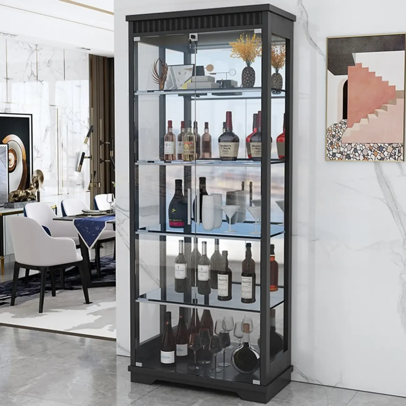 Modern Natural Wood Wine Rack with Glass Shelf Image - 3