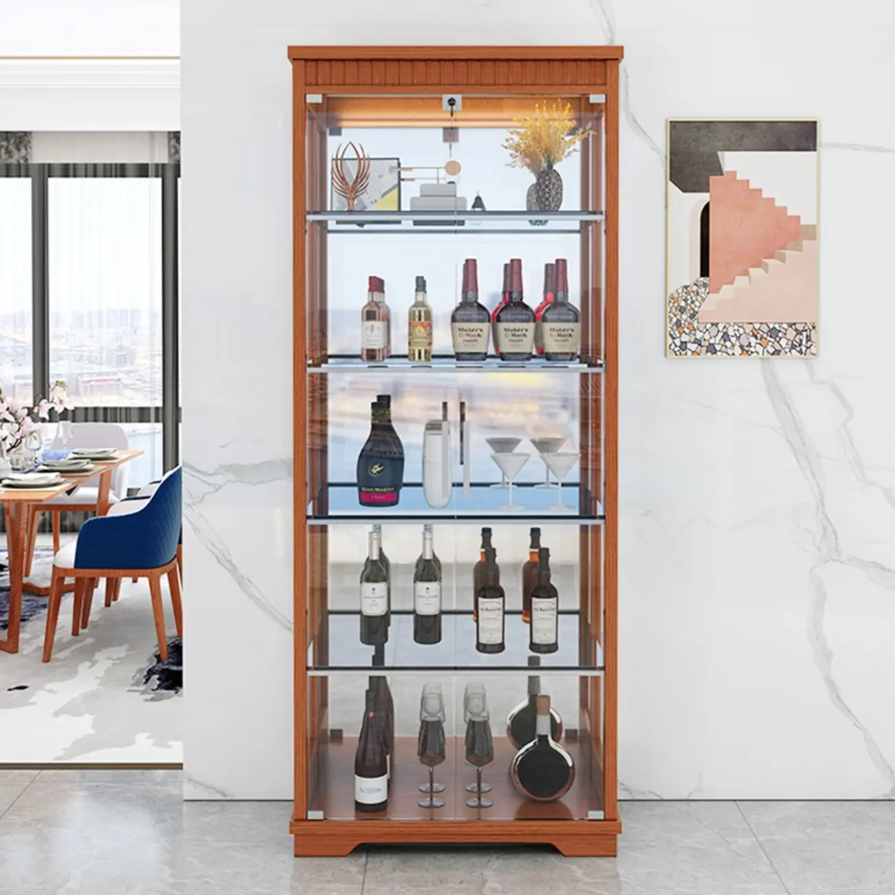 Modern Natural Wood Wine Rack with Glass Shelf Image - 6 | homeyfad