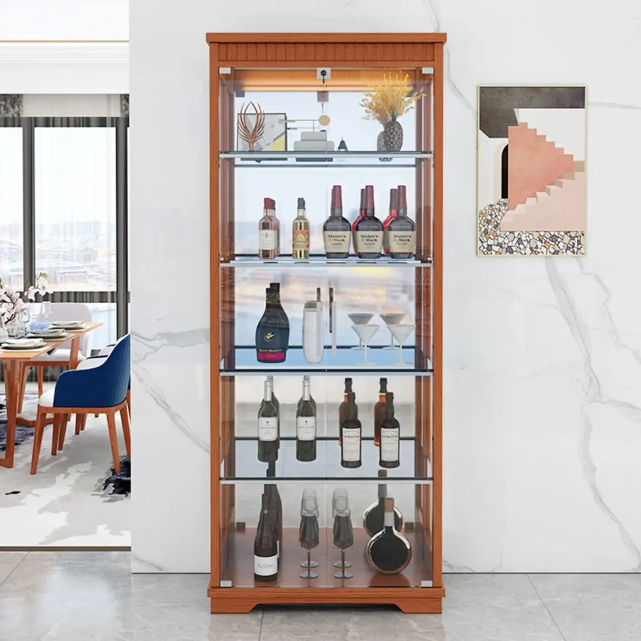 Modern Natural Wood Wine Rack with Glass Shelf Image - 6