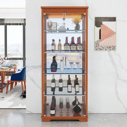 Modern Natural Wood Wine Rack with Glass Shelf Image - 6