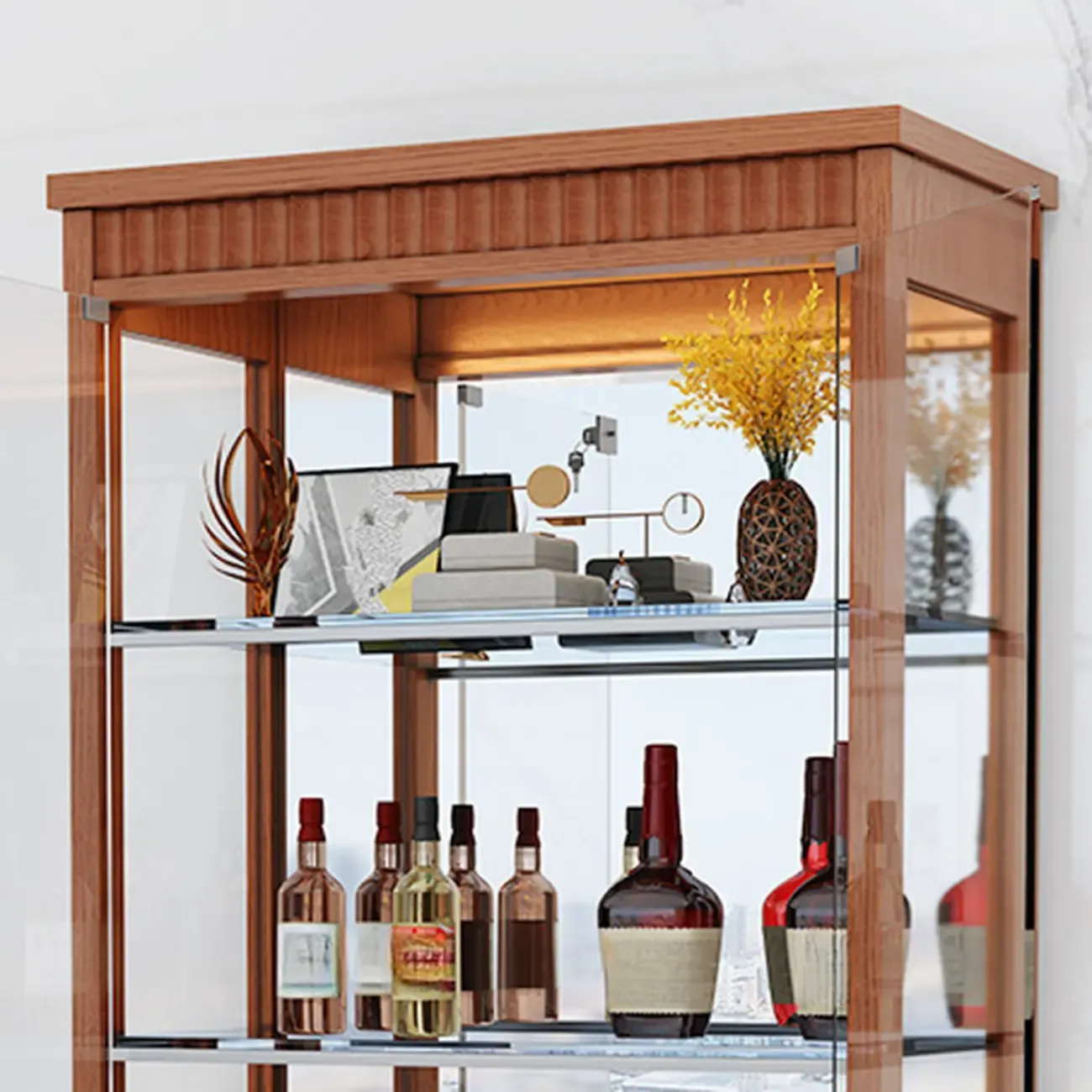 Modern Natural Wood Wine Rack with Glass Shelf Image - 10