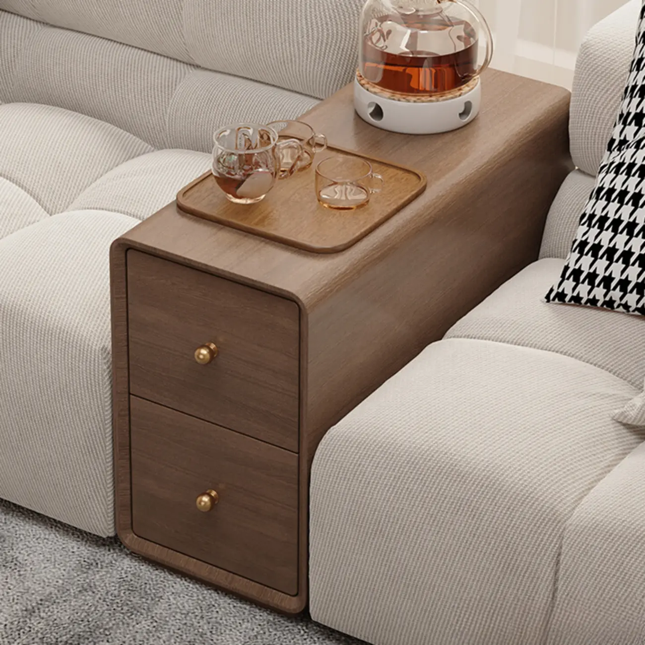 Narrow Rectangle Walnut Wood Side Table with Drawers Image - 1 | homeyfad